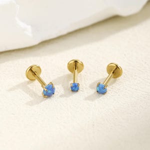16g 18g 20g Titanium Blue Opal Threadless Push Pin Labret, Flat Back Earring, Cartilage Tragus Helix Stud, Small Stud, Nose Stud
