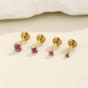 16g 18g 20g Titanium Hot Pink Threadless Push Pin Labret, Rose Cz Flat Back Earring, Cartilage Tragus Helix Stud, Small Stud, Nose Stud