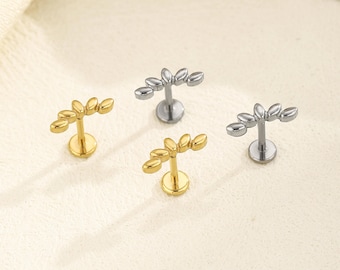16g 18g 20g Titanium Climber Threadless Push Pin Stud, Leaf Curved Flat Back Earring, Cartilage Tragus Helix Stud, Small Stud 5mm-10mm