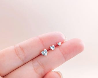 Titanium Heart Cz Threadless Push Pin Labret, Cz Flat Back Earring, Cartilage Tragus Helix Stud, Small Stud, Nose Stud 16g 18g 20g