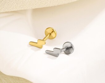 16g 18g 20g Titanium lightning Threadless Push Pin Stud, Flat Back Earring, Cartilage Tragus Helix Conch Stud, Nose stud