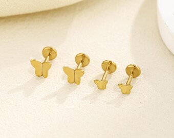 16g 18g 20g Titanium Butterfly Threadless Push Pin Labret, Flat Back Earring, Cartilage Tragus Helix Stud, Small Stud, Nose Stud
