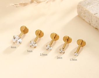Piercing para labio sin rosca de titanio con circonita blanca (16 g, 18 g y 20 g), con parte trasera plana de circonita, para cartílago, trago y hélix, y piercing pequeño para nariz.