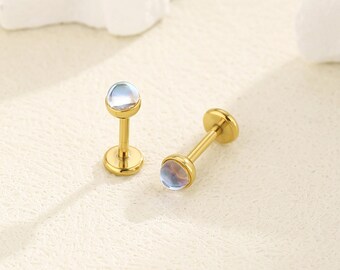 16g 18g 20g Titanium Moonstone Threadless Push Pin Stud, Flat Back Earring, Cartilage Tragus Helix Conch Stud, Small Bezel Stud Earring