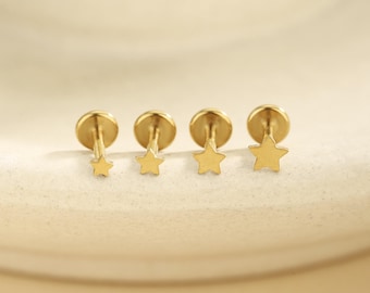 Titan Stern fadenlose Druckstift Labret, Gold Stern flache Rückseite Bolzen, Knorpel Tragus Helix Nasenstecker, Gold winziger Stern, 16G 18G 20G