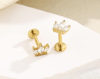 Titanium CZ Crown Threadless Push Pin Earring, Titanium Flat Back Cartilage Stud, Tiara Helix Tragus Conch Piercing Jewelry, 16G 18G 20G