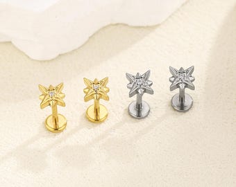 Titan CZ Starburst Threadless Push Pin Ohrring, Titan Knorpel Bolzen, Gold Silber Helix Tragus Conch Piercing, 16G 18G 20G