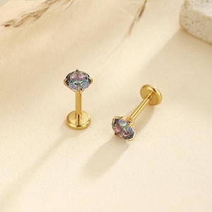 16g 18g 20g Titanium Dark Spark Rainbow Cz Threadless Push Pin Labret, Cz Flat Back Earring, Cartilage Tragus Helix Stud, Nose Stud