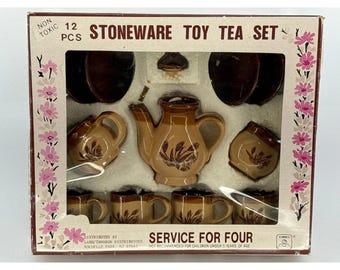 Vintage Stoneware Toy Tea Set 12pc SUMMCO Brown Floral Miniature