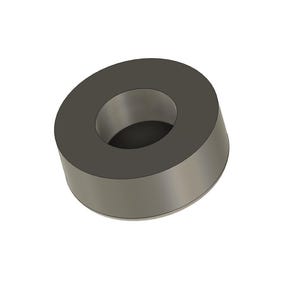 May include: A dark grey, cylindrical object with a central hole. It has a flat top and a slightly angled side, giving it a beveled appearance. The object is set against a white background.