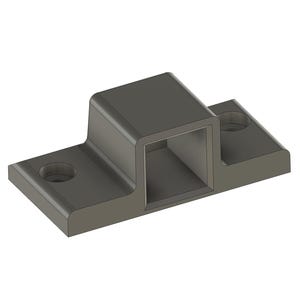 May include: A grey, rectangular bracket with a square aperture in the centre. The bracket has two circular holes on either side for mounting. The object is made of a solid, matte material.