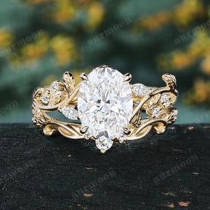 Ovaal geslepen laboratoriumdiamanten verlovingsring set vrouwen vintage 10K geel goud wijnstok blad bruids ring stapelen gebogen trouwring belofte cadeau