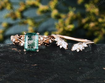 Conjunto de anillos de compromiso de ágata musgosa con talla esmeralda, estilo vintage, oro rosa de 14 quilates, anillo de promesa nupcial con diseño de hoja y ramita, alianza de boda apilable con diseño de curva abierta, regalo de promesa