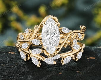 Marquise Cut Lab Grown Diamond Engagement Ring Set Vintage 10K/14K Yellow Gold Propose Ring Leaf Twig Stack Curved Wedding Band Promise Gift