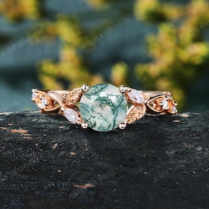 Anillo de compromiso redondo de ágata musgosa, estilo vintage, con hoja de oro rosa de 10 quilates, moissanita, anillo de promesa, anillo apilable para novias, regalo de aniversario para mujer.