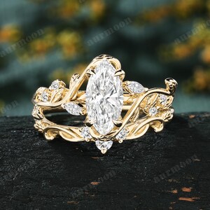 Marquise geslepen laboratoriumdiamanten verlovingsring set vintage 10K geelgouden wijnstokblad voorstellen ring stapelen gebogen trouwring belofte geschenken