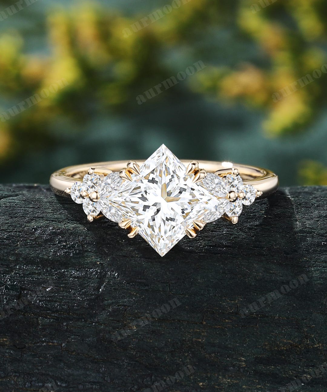 Princess Cut Lab Grown Diamond Engagement Ring 14K Yellow Gold Cluster ...