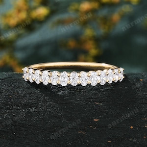 Oval Cut Lab Grown Diamond Wedding Band Vintage Solid 14K Yellow Gold Stacking Matching Half Eternity Ring Bridal Promise Ring Gift For Wife