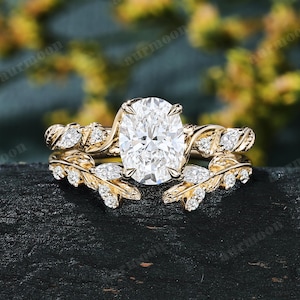Ovaal geslepen laboratoriumdiamanten verlovingsring set vintage 10K geelgouden wijnstokblad takje voorstellen belofte ring stapelen open gebogen trouwring