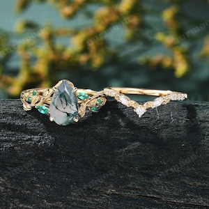 Anillo de compromiso de ágata musgosa talla pera, oro amarillo macizo de 14 quilates, anillo de promesa nupcial de esmeralda, alianza de boda curva con diseño de hojas y ramas, regalos para la esposa.