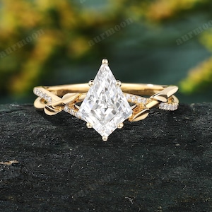 Anillo de compromiso con diamante cultivado en laboratorio talla cometa para mujer, estilo vintage, oro amarillo macizo de 14 quilates, anillo de propuesta retorcido con forma de hoja, anillo apilable para novias, regalos de promesa