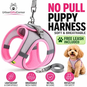May include: Pink and gray puppy harness with a matching leash. The harness features a breathable mesh fabric and reflective strips for safety. The text on the image reads "NO PULL PUPPY HARNESS" and "FREE LEASH INCLUDED".