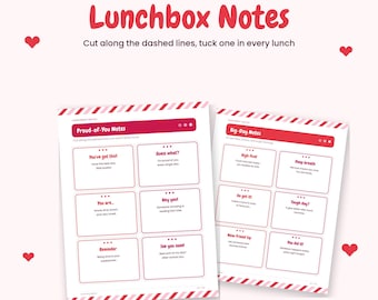 24 ausdruckbare Lunchbox-Botschaften für Kinder, liebevolle Botschaften und Witze zum Ausschneiden, aufmunternde Karten mit Zuckerstreifenmuster, sofortiger Download