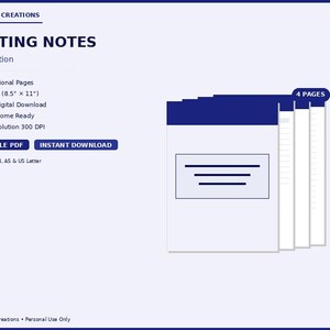 May include: A digital download titled "Meeting Notes" in a navy blue and white design. The image shows a stack of four pages with a navy blue cover and the text "Meeting Notes" and "Navy Edition". Includes "Printable PDF" and "Instant Download" options.