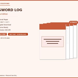 Puede incluir: Un registro de contraseñas titulado "Password Log Terracotta Edition" con una pila de páginas blancas y una parte superior de color terracota. El texto incluye "4 páginas profesionales", "US Letter (21,6 x 27,9 cm)" y "Descarga digital instantánea".