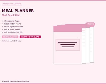 Weekly Meal Planner Printable | Blush Rose Menu Template | Grocery List & Recipe Organizer PDF