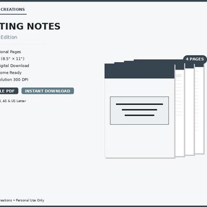 May include: A digital download product titled "Meeting Notes" in a charcoal edition. The image shows a stack of white pages with a dark gray top, and the text "4 PAGES". The product includes 4 professional pages, is US Letter size (8.5" x 11"), and is a printable PDF.