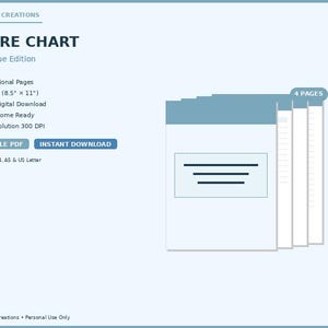 May include: A digital chore chart titled "Chore Chart Dusty Blue Edition" with a light blue header. The chart includes 4 professional pages, US Letter size (8.5" x 11"), and is available as an instant digital download, printable PDF. The image also shows the text "4 PAGES".
