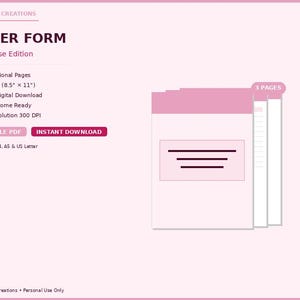 May include: A blush pink order form titled "ORDER FORM" with the subtitle "Blush Rose Edition." The form includes a list of features and two buttons: "PRINTABLE PDF" and "INSTANT DOWNLOAD." The image also shows a stack of three pages.