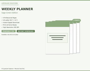 Two-Page Weekly Spread | Sage Green Horizontal Planner | Detailed Week View Template PDF