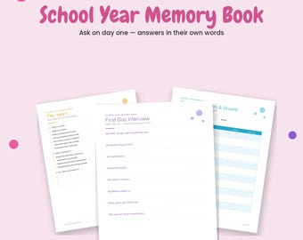 Erinnerungsbuch für das Schuljahr zum Ausdrucken, Interviews am ersten und letzten Schultag, Monats-Highlights, Wachstumstabelle, US-Letter-PDF, Sofort-Download