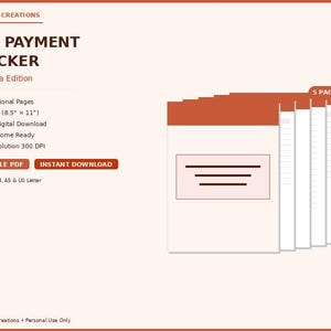 Puede incluir: Un rastreador digital de pagos de facturas en la edición Terracota. El diseño incluye cinco páginas profesionales, tamaño US Letter (21,6 x 27,9 cm), y está disponible para descarga instantánea. El PDF imprimible está listo para imprimir en casa con alta resolución de 300 DPI.
