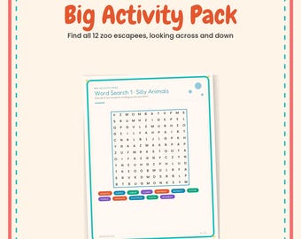 Kinder-Aktivitätenpaket zum Ausdrucken, Wortsuchrätsel, Labyrinthe und Sudoku für Kinder, 22 Rätsel mit Lösungen, bildschirmfreie Reisespiele, Sofort-Download
