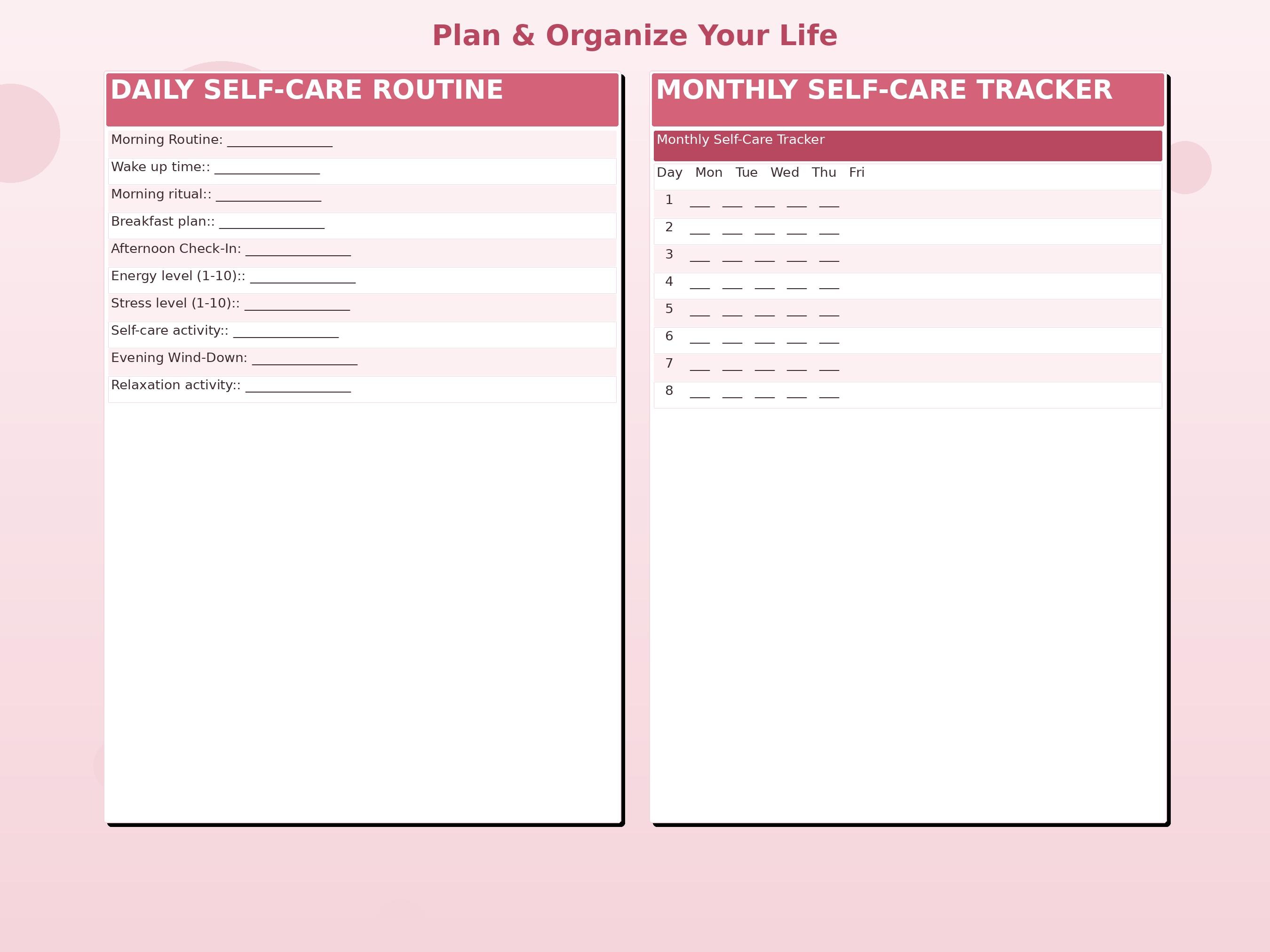 Self Care Planner Printable | Blush Rose Wellness Routine Template ...