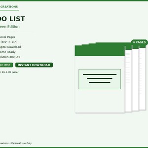 May include: A digital to-do list titled "Forest Green Edition" with a green header and the text "TO DO LIST." The list includes 4 pages, is available in US Letter size (8.5" x 11"), and is a printable PDF for instant download.