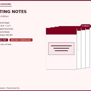 May include: A digital download for meeting notes, "Burgundy Edition," with a stack of four pages. The cover is burgundy with a rectangular design and three horizontal lines. The text includes "Printable PDF" and "Instant Download."