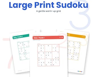 Sudoku in Großdruck zum Ausdrucken, 36 Sudoku-Rätsel (leicht, mittel, schwer), Lösungen, Rätselbuch mit großem Gitter für Erwachsene und Senioren, Sofort-Download
