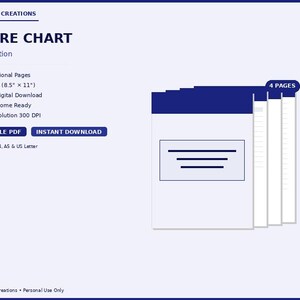 May include: Navy blue "Chore Chart" printable PDF. The design includes a stack of white pages with a navy blue cover. The text includes "4 Professional Pages", "US Letter (8.5" x 11")", and "Instant Digital Download".