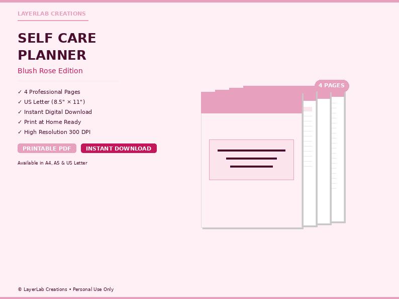 Self Care Planner Printable | Blush Rose Wellness Routine Template ...