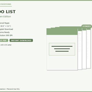 May include: A digital to-do list in a sage green edition. The design includes a stack of four pages, with the text "TO DO LIST" and product details. The product is available in US Letter size (8.5" x 11") and is a printable PDF.