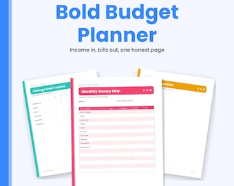 Monatlicher Budgetplaner zum Ausdrucken, Budgetvorlage in kräftigen Farben, Rechnungsübersicht, Sparziele & Ausgabenprotokoll, Sofort-Download