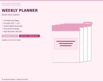 Weekly Planner Printable | Blush Rose Week At A Glance Template | Goal Tracker Organizer PDF