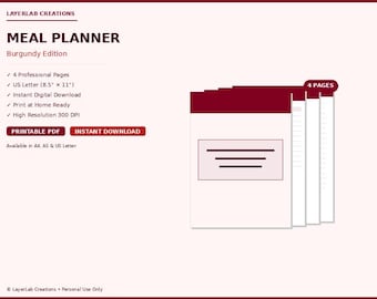 Meal Prep Planner Bundle | Burgundy Edition | Weekly Menu Planning Kit with Shopping List PDF