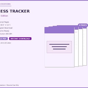 May include: A digital fitness tracker in a lavender edition. The image shows a stack of four pages with a purple header. The text includes "Printable PDF" and "Instant Download". The tracker is available in US Letter size.