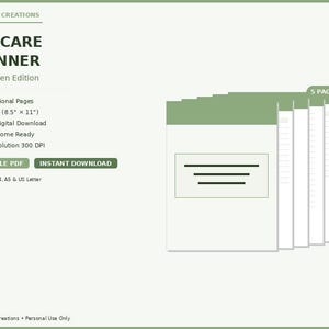 Könnte beinhalten: Ein digitaler Haustierpflegeplaner in Salbeigrün mit dem Text "PET CARE PLANNER" und Produktdetails. Der Planer umfasst 5 professionelle Seiten, hat das US Letter-Format (21,6 x 27,9 cm) und ist als sofortiger digitaler Download verfügbar.