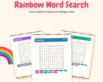 Wortsuchrätsel für Kinder zum Ausdrucken, 20 Regenbogen-Rätsel für Kinder von 6-9 Jahren, einfache Wortsuchaufgaben in großer Schrift mit Lösungsblättern, sofortiger Download